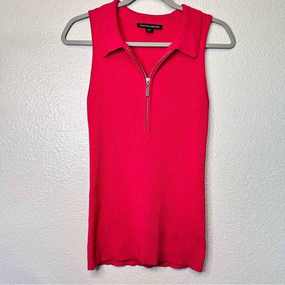 Boston Proper Ribbed Sleeveless Collared Hot Pink Sweater Size Small